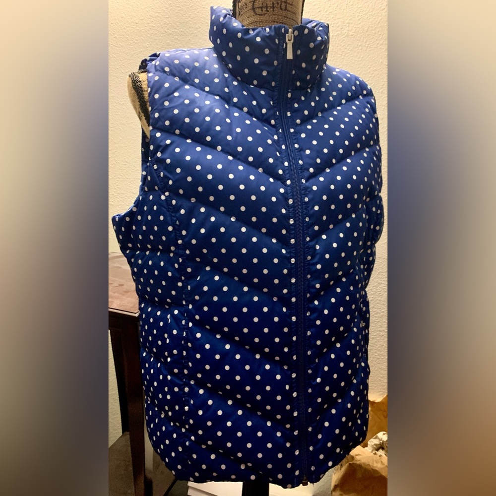 Women’s Land’s End Puffy Vest Blue White Polka Dots